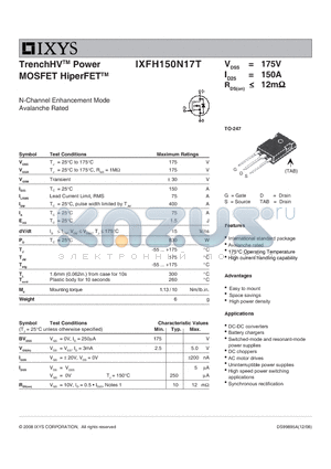 IXFH150N17T datasheet - TrenchHV Power MOSFET HiperFET