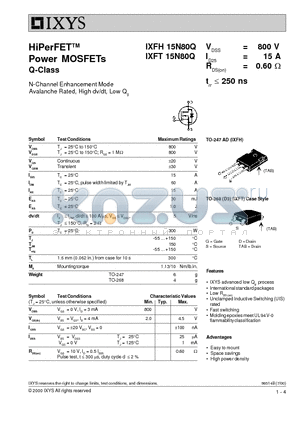 IXFH15N80Q datasheet - HiPerFET Power MOSFETs Q-Class