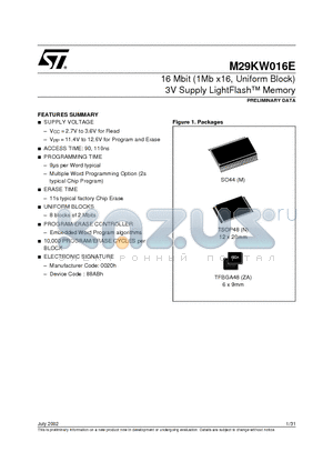 M29KW016E90ZA1T datasheet - 16 Mbit (1Mb x16, Uniform Block) 3V Supply LightFlash  Memory
