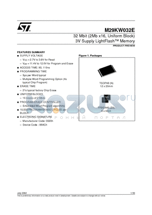 M29KW032E datasheet - 32 Mbit 2Mb x16, Uniform Block 3V Supply LightFlash Memory