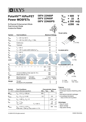 IXFH22N60P datasheet - PolarHV HiPerFET Power MOSFETs