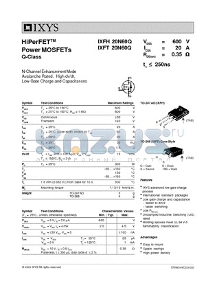 IXFH20N60Q datasheet - HiPerFET Power MOSFETs Q-Class
