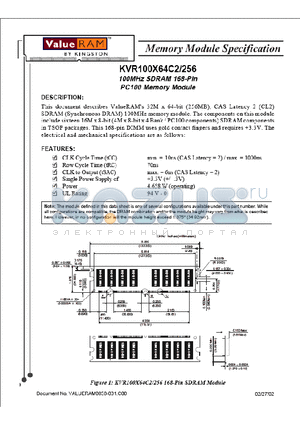 KVR100X64C2/256 datasheet - 100MHz SDRAM 168-Pin PC100 Memory Module