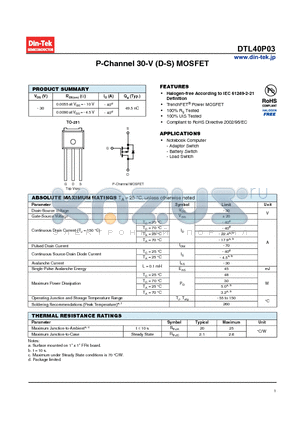 DTL40P03 datasheet - P-Channel 30-V (D-S) MOSFET TrenchFET Power MOSFET