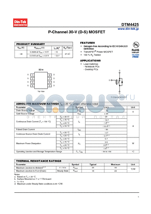 DTM4425_13 datasheet - P-Channel 30-V (D-S) MOSFET Halogen-free