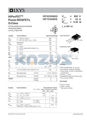 IXFH23N80Q datasheet - HiPerFET Power MOSFETs Q-Class