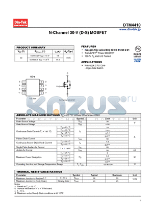 DTM4410_13 datasheet - N-Channel 30-V (D-S) MOSFET 100 % Rg and UIS Tested
