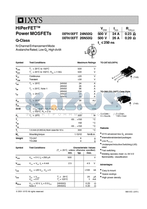 IXFH26N50Q datasheet - HiPerFET Power MOSFETs