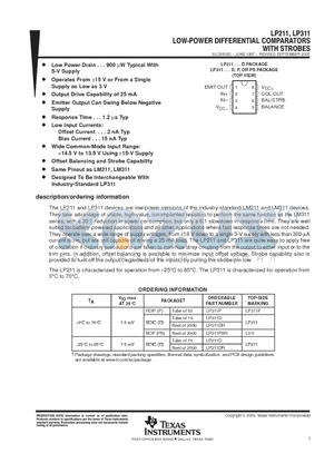 LP211DRE4 datasheet - LOW-POWER DIFFERENTIAL COMPARATORS WITH STROBES