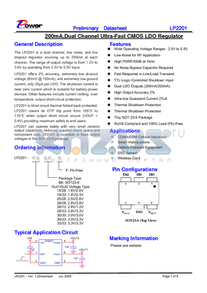 LP2201-25/28B6F datasheet - 200mA,Dual Channel Ultra-Fast CMOS LDO Regulator