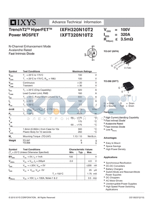 IXFH320N10T2 datasheet - TrenchT2 HiperFET Power MOSFET