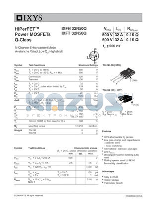 IXFH32N50Q datasheet - HiPerFET Power MOSFETs Q-Class