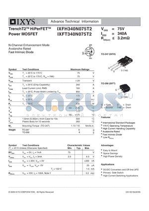 IXFH340N075T2 datasheet - TrenchT2 HiPerFET Power MOSFET