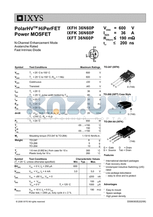 IXFH36N60P datasheet - PolarHV HiPerFET Power MOSFET