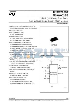 M29W002BT datasheet - 2 Mbit 256Kb x8, Boot Block Low Voltage Single Supply Flash Memory