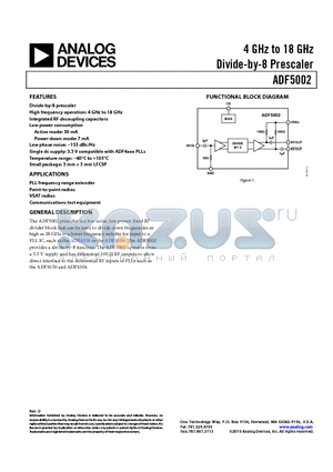 ADF5002BCPZ datasheet - 4GHz to 18GHz Divide-by-8 Prescaler