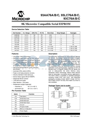 93AA76BE/PG datasheet - 8K Microwire Compatible Serial EEPROM