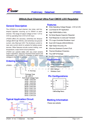 LP2203-28/12U6F datasheet - 200mA,Dual Channel Ultra-Fast CMOS LDO Regulator