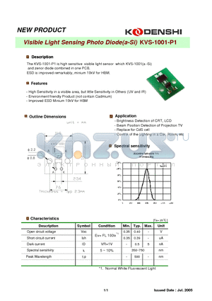 KVS-1001-P1 datasheet - Visible Light Sensing Photo Diode(a-Si)