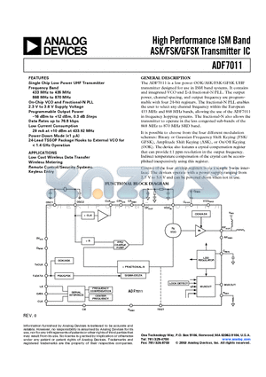 ADF7011BRU datasheet - High Performance ISM Band ASK/FSK/GFSK Transmitter IC