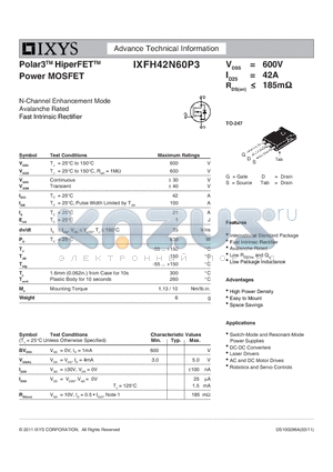 IXFH42N60P3 datasheet - Polar3 HiperFET Power MOSFET