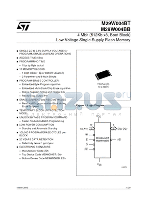 M29W004BB datasheet - 4 Mbit 512Kb x8, Boot Block Low Voltage Single Supply Flash Memory