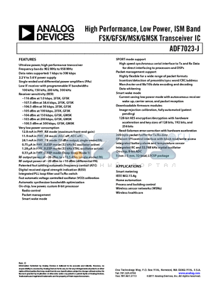 ADF7023-J datasheet - High Performance, Low Power, ISM Band FSK/GFSK/MSK/GMSK Transceiver IC