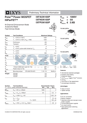 IXFH5N100P datasheet - Polar Power MOSFET HiPerFET