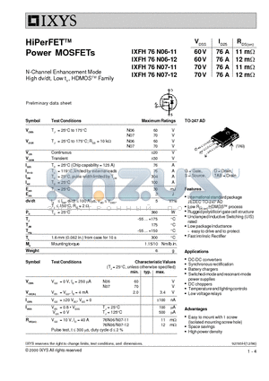 IXFH76N06-11 datasheet - HiPerFET Power MOSFETs