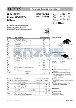 IXFH75N10Q datasheet - HIPER FET POWER MOSFETS Q CLASS