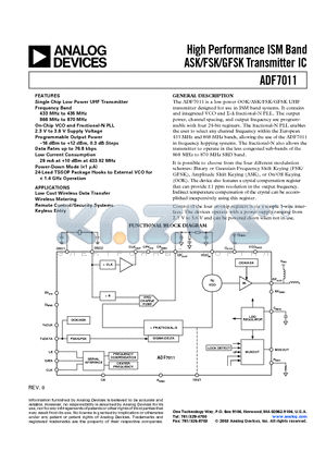 ADF7011 datasheet - High Performance ISM Band ASK/FSK/GFSK Transmitter IC