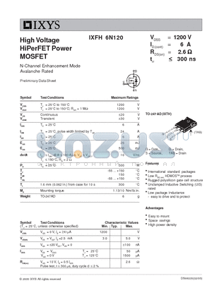 IXFH6N120 datasheet - High Voltage HiPerFET Power MOSFET