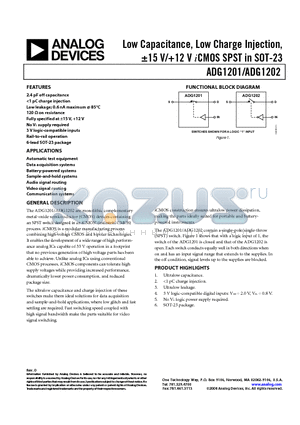 ADG1202 datasheet - Low Capacitance, Low Charge Injection, a15 V/12 V iCMOS SPST in SOT-23