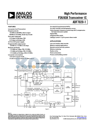 ADF7020-1 datasheet - High Performance FSK/ASK Transceiver IC
