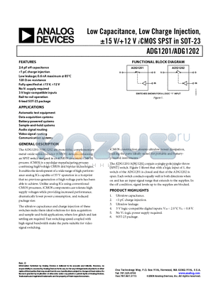 ADG1202BRJZ-REEL7 datasheet - Low Capacitance, Low Charge Injection, a15 V/12 V iCMOS SPST in SOT-23