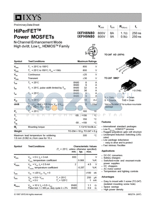 IXFH9N80 datasheet - HiPerFET Power MOSFETs - N-Channel Enhancement Mode High dv/dt, Low trr, HDMOSTM Family