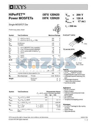 IXFK120N20 datasheet - HiPerFET Power MOSFETs