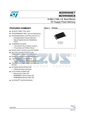 M29W008ET90N6F datasheet - 8 Mbit (1Mb x 8, Boot Block) 3V Supply Flash Memory