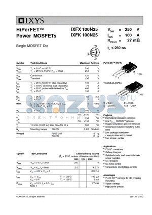 IXFK100N25 datasheet - HiPerFET Power MOSFETs
