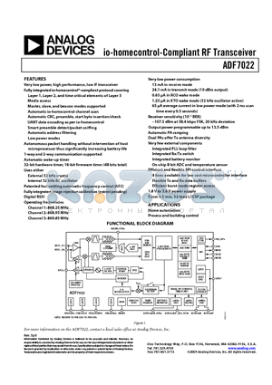 ADF7022 datasheet - io-homecontrol-Compliant RF Transceiver