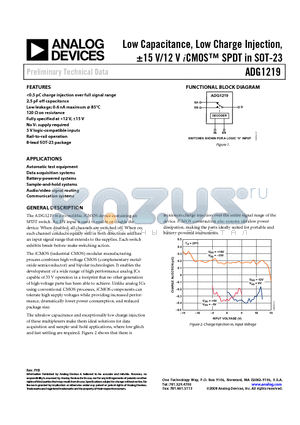 ADG1219BRJZ-R2 datasheet - Low Capacitance, Low Charge Injection, a15 V/12 V iCMOS SPDT in SOT-23