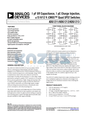 ADG1212YCP datasheet - 1 pF Off Capacitance, 1 pC Charge Injection, a15 V/12 V iCMOS Quad SPST Switches