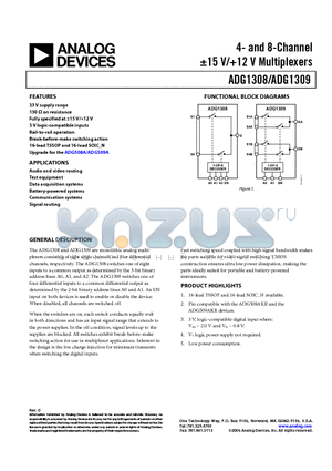 ADG1308BRUZ-REEL7 datasheet - 4- and 8-Channel -15 V/12 V Multiplexers