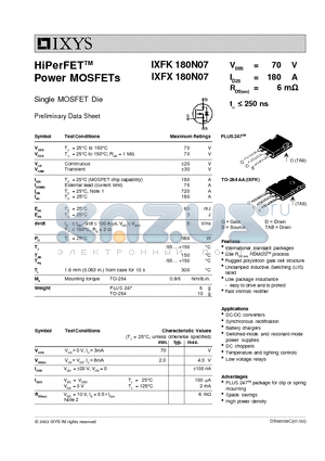IXFK180N07 datasheet - HiPerFET Power MOSFETs