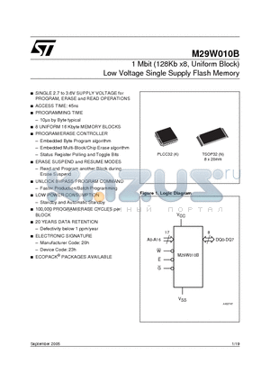 M29W010B datasheet - 1 Mbit 128Kb x8, Uniform Block Low Voltage Single Supply Flash Memory