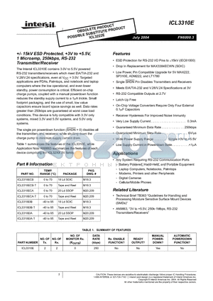 ICL3310ECA-T datasheet - /- 15kV ESD Protected, 3V to 5.5V, 1 Microamp, 250kbps, RS-232 Transmitter/Receiver