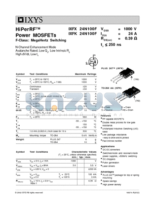 IXFK24N100F datasheet - HiPerRF Power MOSFETs F-Class: MegaHertz Switching