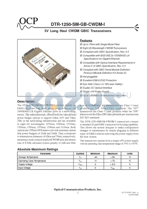DTR-1250-SM-GB-H7-C610-I datasheet - 5V Long Haul CWDM GBIC Transceivers