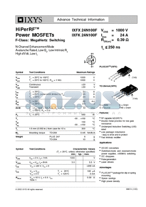 IXFK24N100 datasheet - HiPerRF Power MOSFETs