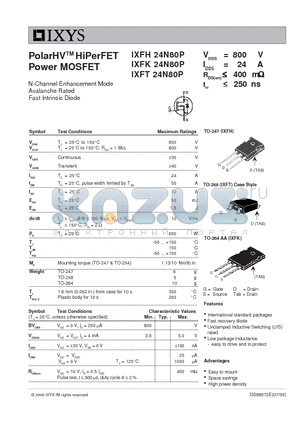 IXFK24N80P datasheet - PolarHV HiPerFET Power MOSFET
